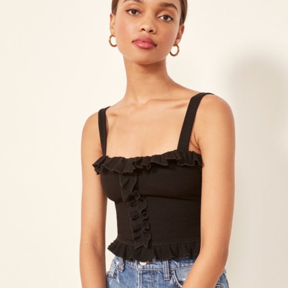 NWT Reformation Black Trixie Top Ruffle Trim Small